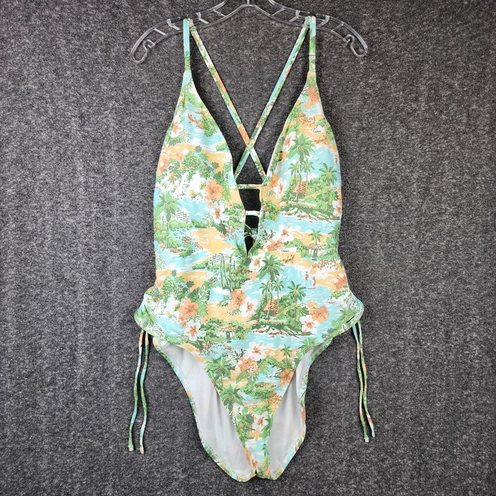 Mynah One Piece Swimsuit‎ Women 2XL Multicolor Tropical Hawaiian Strappy V-Neck